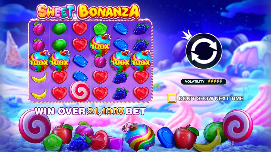 Sweet Bonanza Multiplikator-Bomben Feature mit Regenbogen-Süßigkeitenbomben mit verschiedenen Multiplikatorwerten